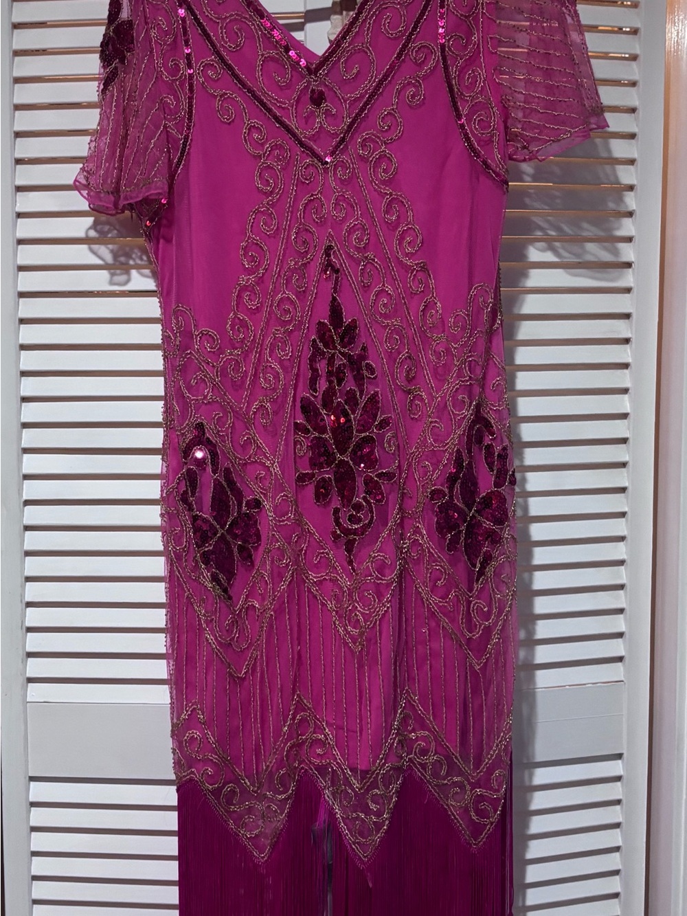 Sequin & Bead Fuchsia Midi Dress with Fringe